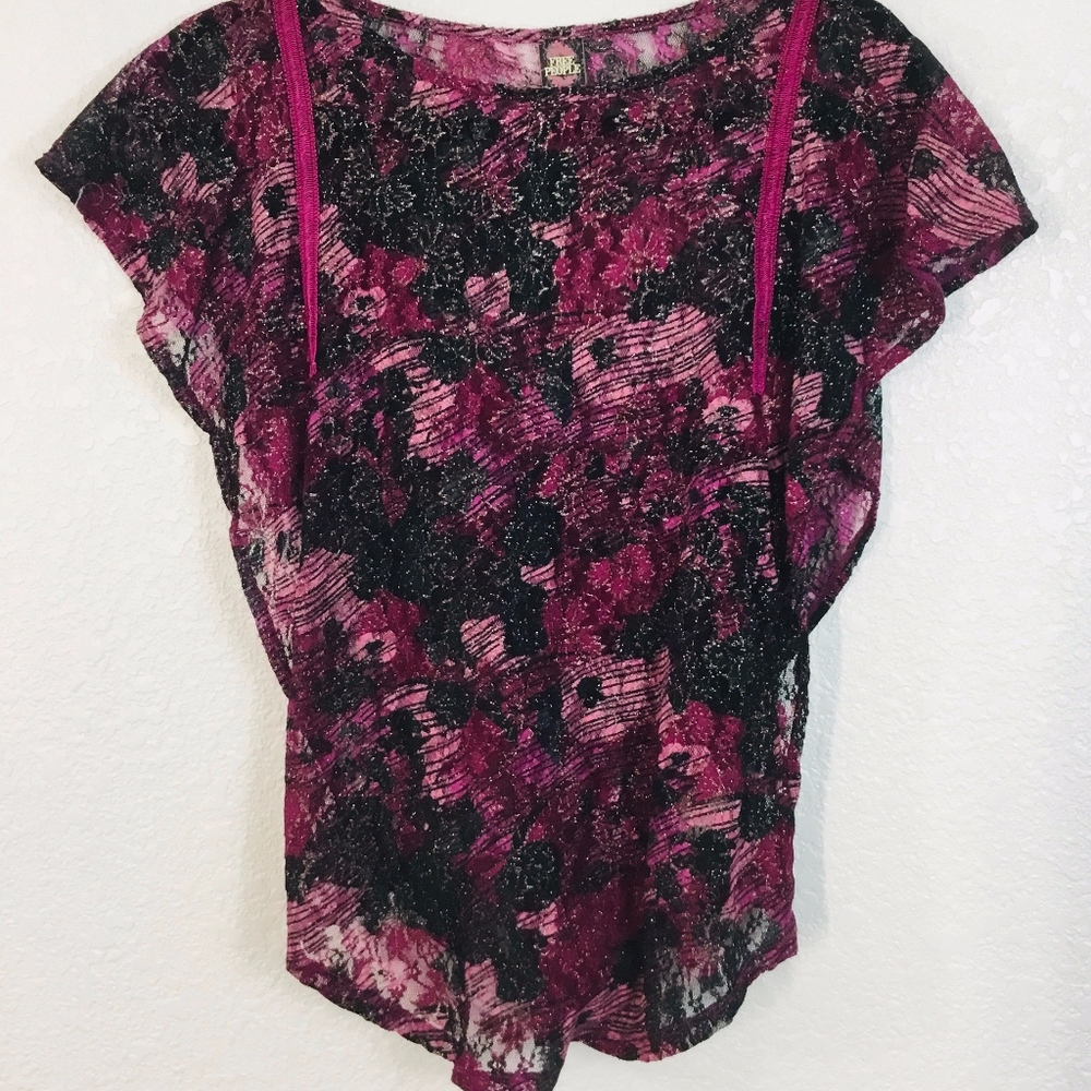 Free People pink & black floral lace top sz XS